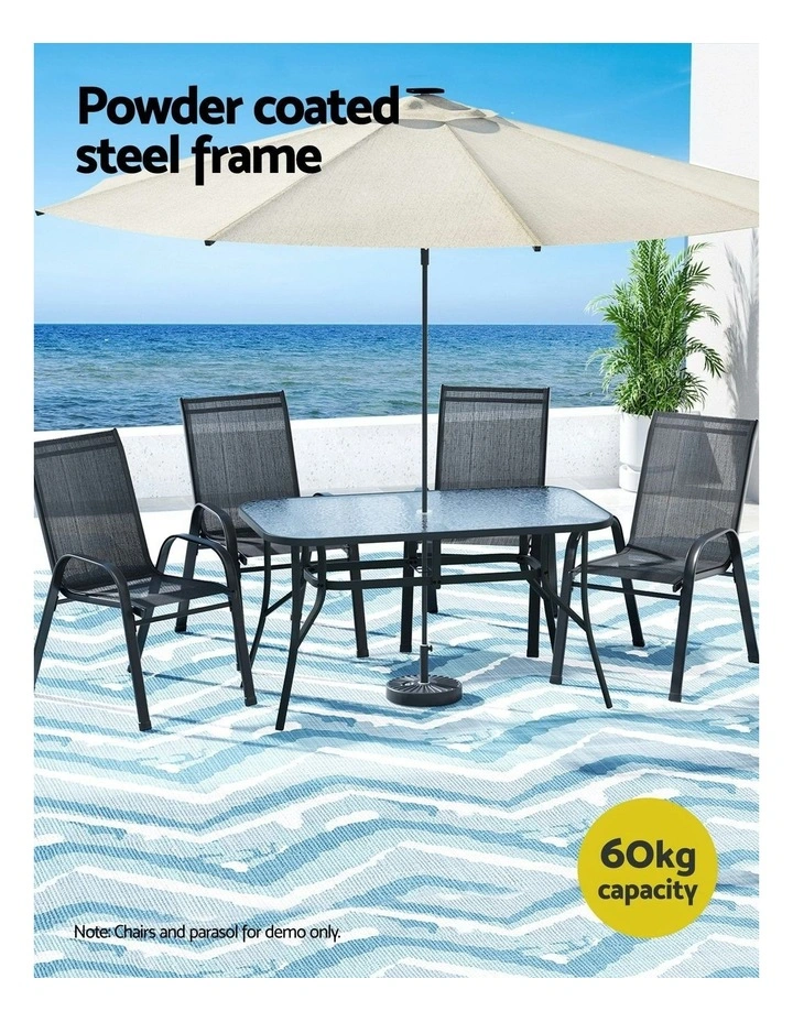 Outdoor Dining Table Steel Frame Tempered Glass Parasol Hole 140cm in Black image 5