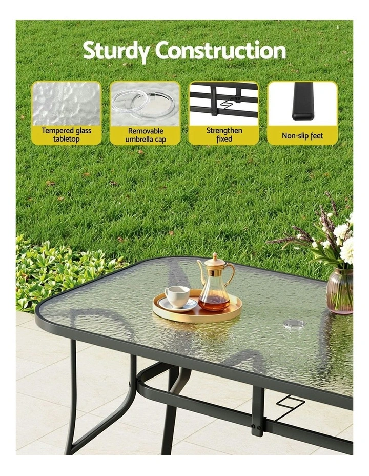 Outdoor Dining Table Steel Frame Tempered Glass Parasol Hole 140cm in Black image 6