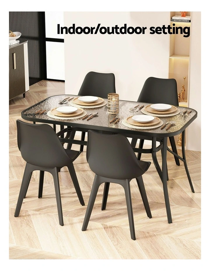 Outdoor Dining Table Steel Frame Tempered Glass Parasol Hole 140cm in Black image 7
