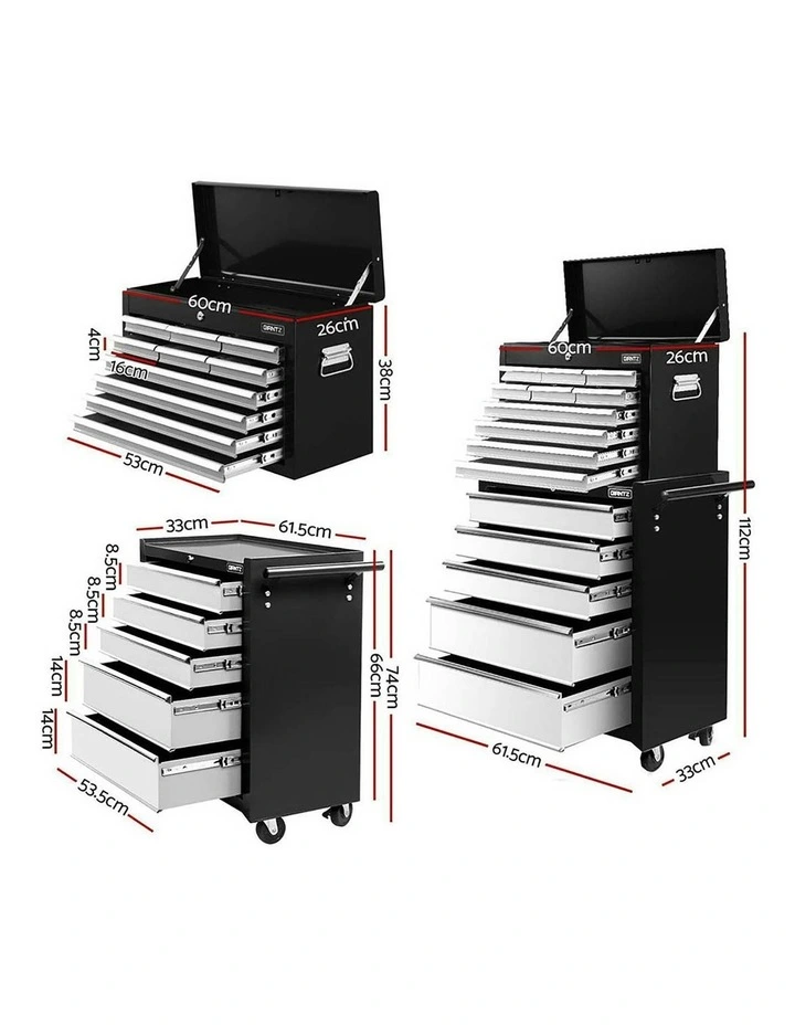 Drawers Tool Chest Trolley Toolbox 2-in-1 Storage 15 in Black/Grey image 4