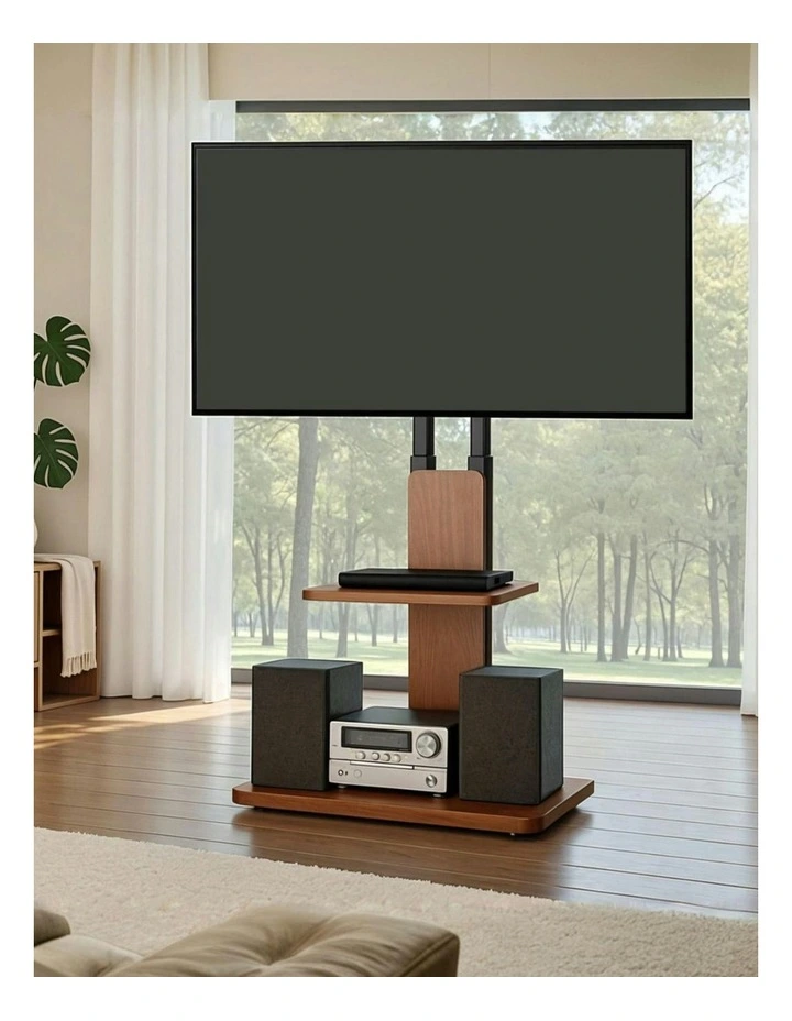 TV Stand 32-70 Height Adjustable Wooden Tray Swivel in Brown image 3