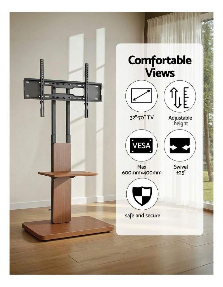 TV Stand 32-70 Height Adjustable Wooden Tray Swivel in Brown image 5