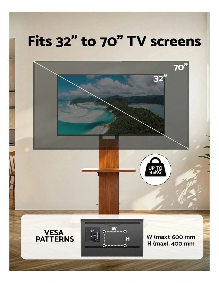 TV Stand 32-70 Height Adjustable Wooden Tray Swivel in Brown image 6