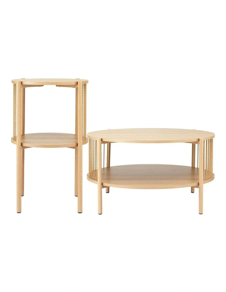 2-Tier Round Wood Coffee Table in Beige image 2