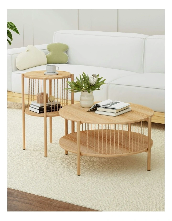 2-Tier Round Wood Coffee Table in Beige image 3