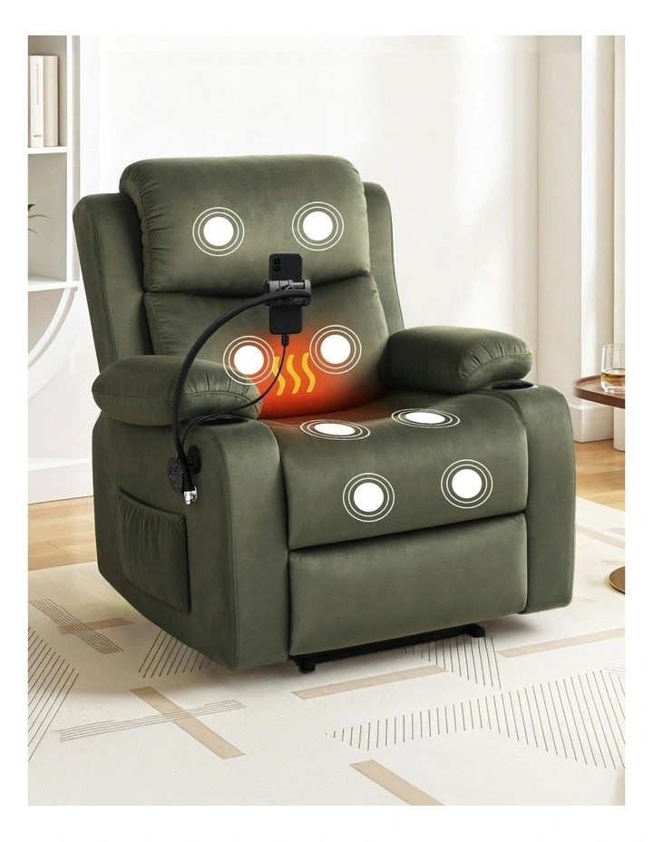 Velvet Massage Recliner Chair with Phone Holder in Green image 3