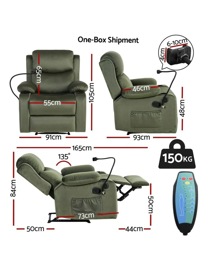 Velvet Massage Recliner Chair with Phone Holder in Green image 4