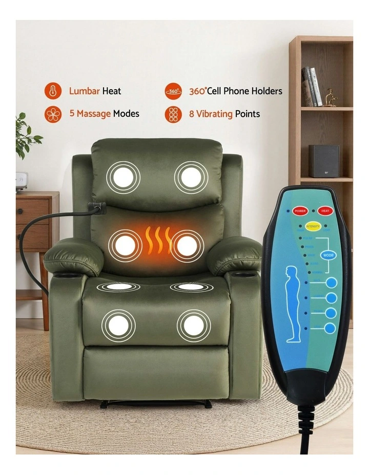 Velvet Massage Recliner Chair with Phone Holder in Green image 5