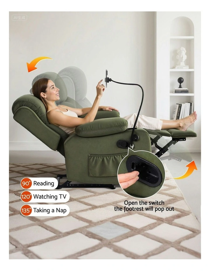 Velvet Massage Recliner Chair with Phone Holder in Green image 6