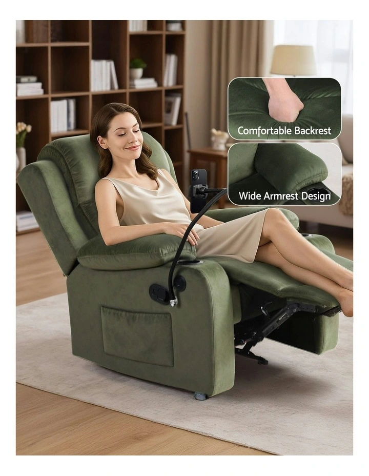Velvet Massage Recliner Chair with Phone Holder in Green image 7