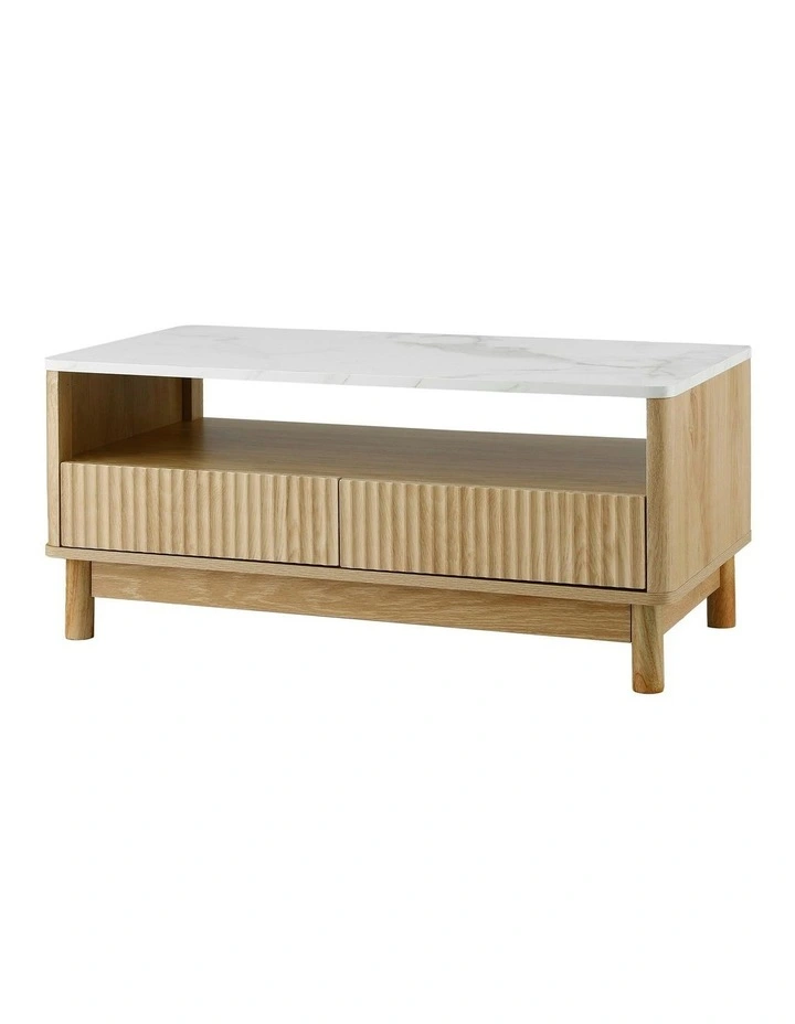 Drawer Shelf Marble Effect Coffee Table in Wood/White image 1