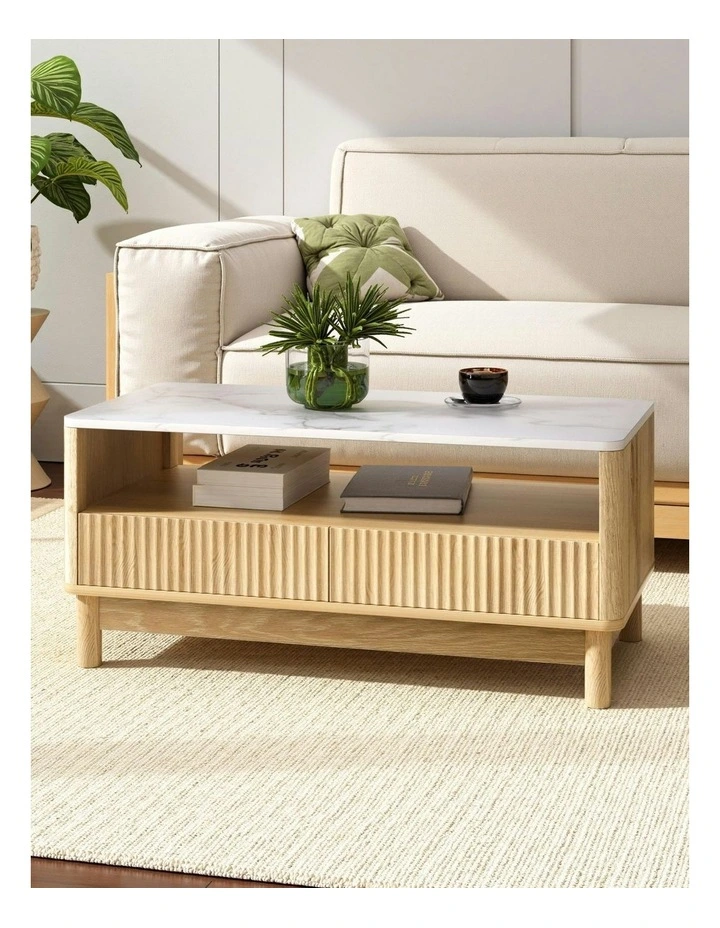 Drawer Shelf Marble Effect Coffee Table in Wood/White image 3