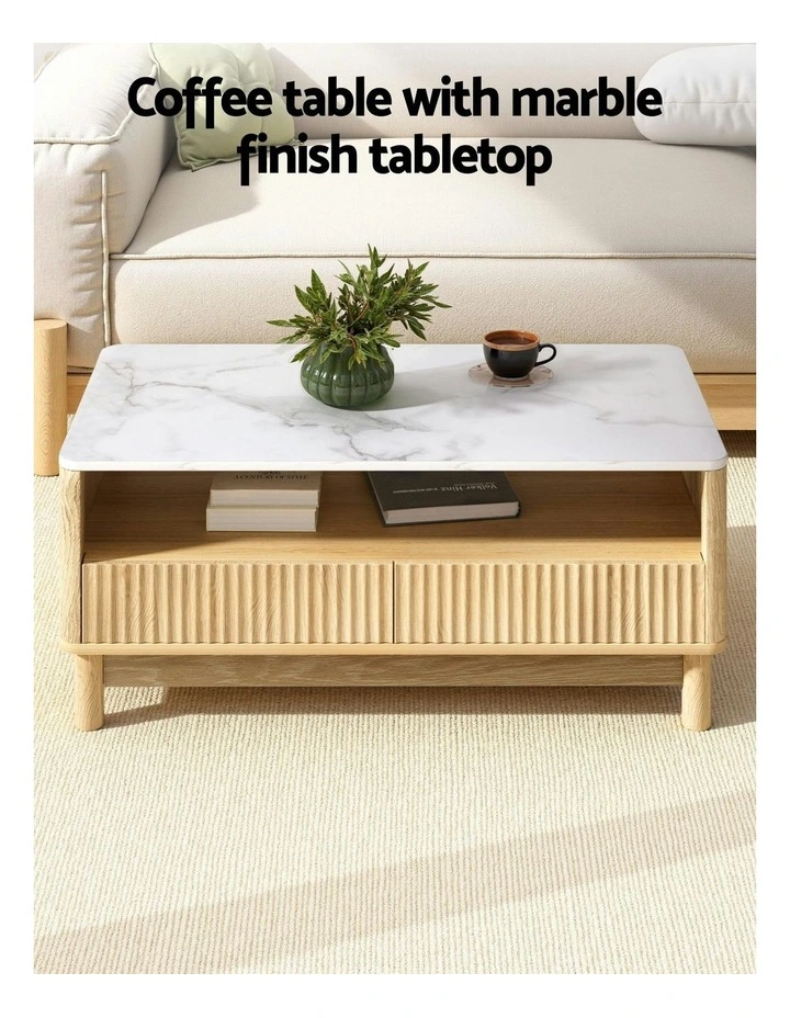 Drawer Shelf Marble Effect Coffee Table in Wood/White image 5
