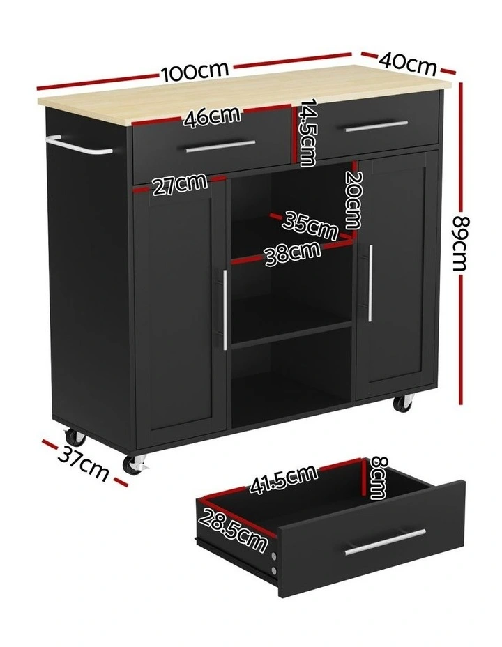 Storage Drawer Kitchen Island Cart 100cm in Black image 4