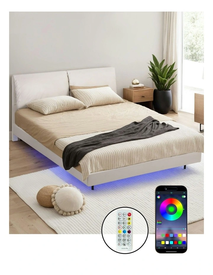 RGB LED Queen Bed Frame in Beige image 3