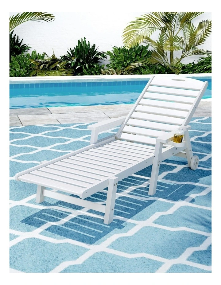 HDPE Patio Outdoor Furniture with Wheels Sun Lounge Beach Chair in White image 3