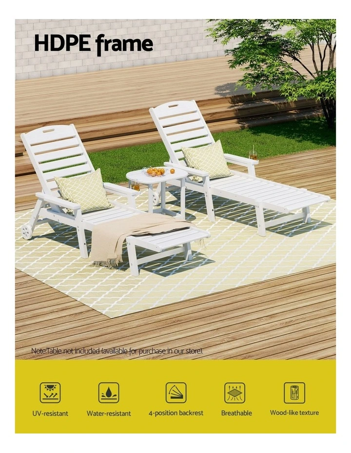 HDPE Patio Outdoor Furniture with Wheels Sun Lounge Beach Chair in White image 5