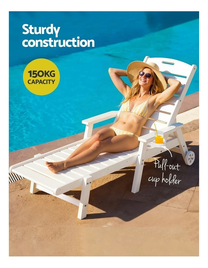 HDPE Patio Outdoor Furniture with Wheels Sun Lounge Beach Chair in White image 6