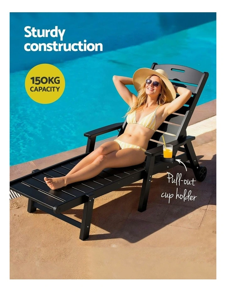 Sun Lounger Beach Chair With Wheels in Black image 6
