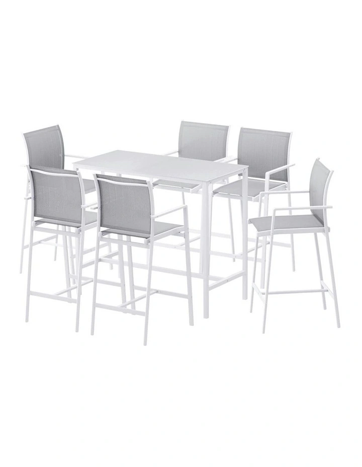 Outdoor Bar Stools Dining Chairs Table Set 7 Pieces in White image 1