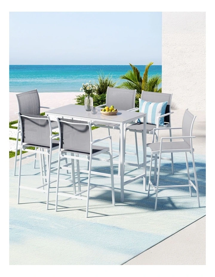 Outdoor Bar Stools Dining Chairs Table Set 7 Pieces in White image 3