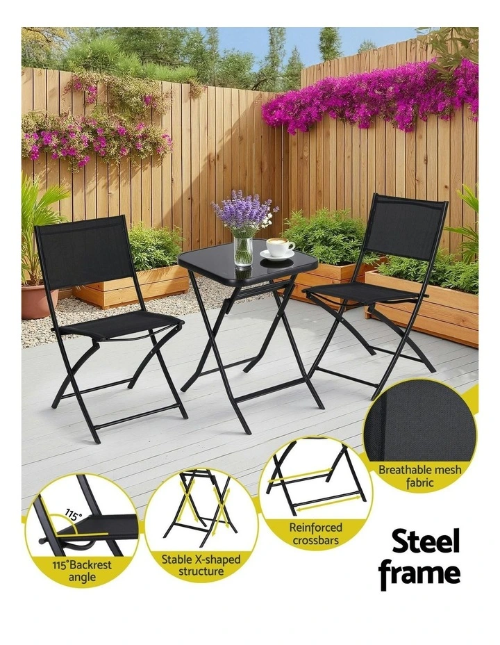 Garden Outdoor Steel Bistro Set Folding Table and Chairs Patio Furniture in Black image 4