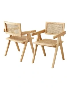 2x Dining Chairs Wooden Rattan Seat Rubber Wood Frame