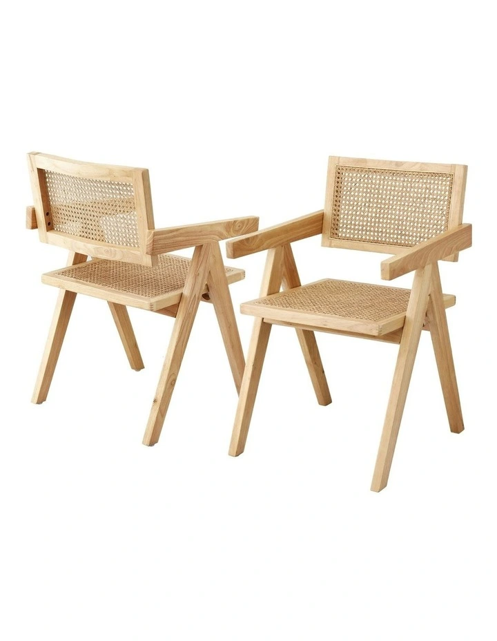 2x Dining Chairs Wooden Rattan Seat Rubber Wood Frame image 1