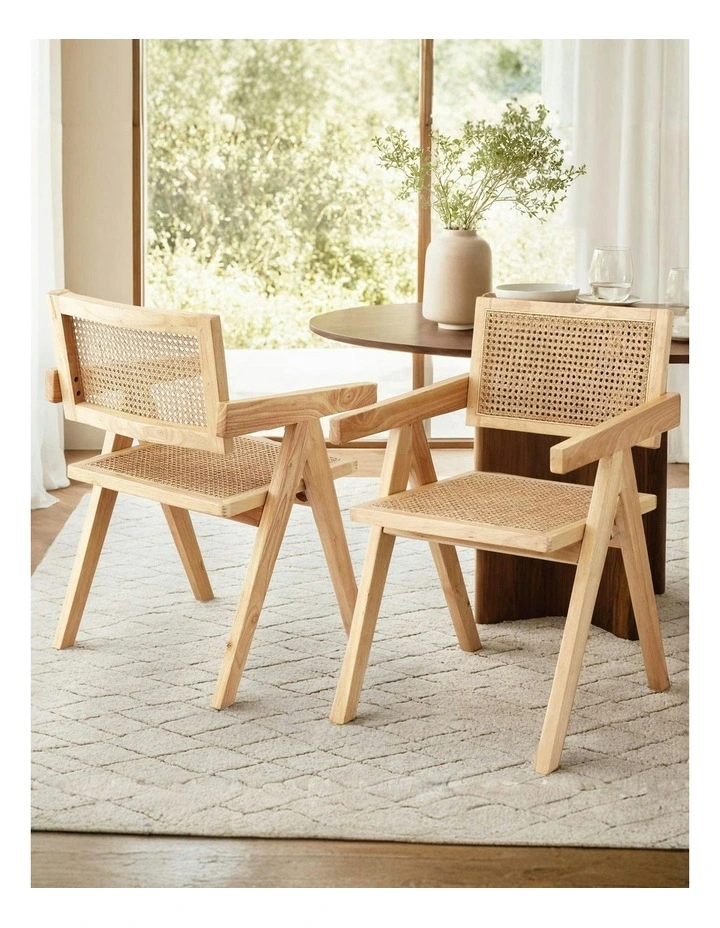 2x Dining Chairs Wooden Rattan Seat Rubber Wood Frame image 3