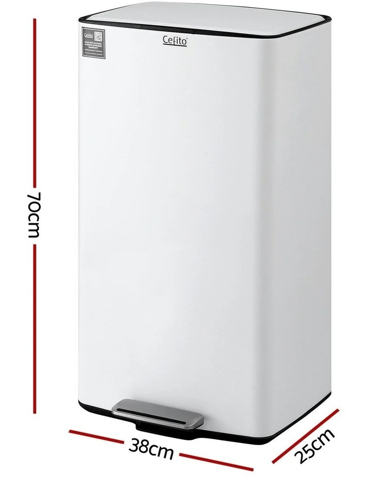 Pedal Bins Rubbish Bin Waste Recycle Dustbins Kitchen Trash Can 40L in White image 4