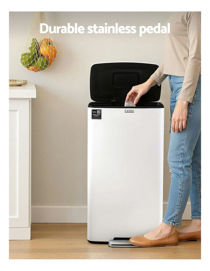 Pedal Bins Rubbish Bin Waste Recycle Dustbins Kitchen Trash Can 40L in White image 5