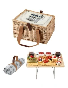 2 Person Picnic Basket Set with Table Blanket Cooler Wooden Insulated