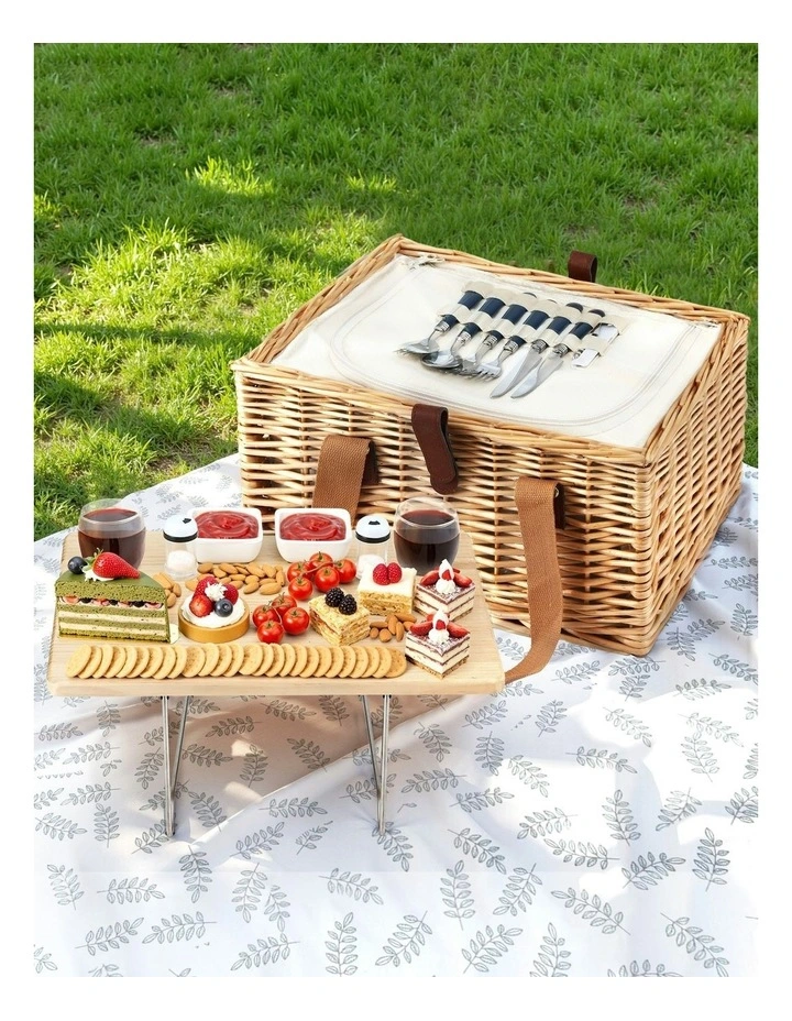 2 Person Picnic Basket Set with Table Blanket Cooler Wooden Insulated image 3