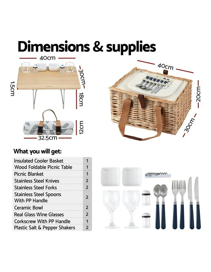 2 Person Picnic Basket Set with Table Blanket Cooler Wooden Insulated image 4