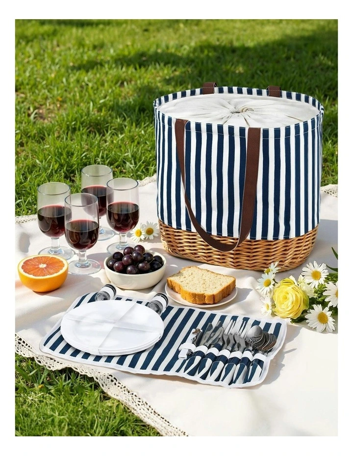 4 Person Picnic Basket Bag Set Wooden Blanket Cooler Outdoor Insulated image 3