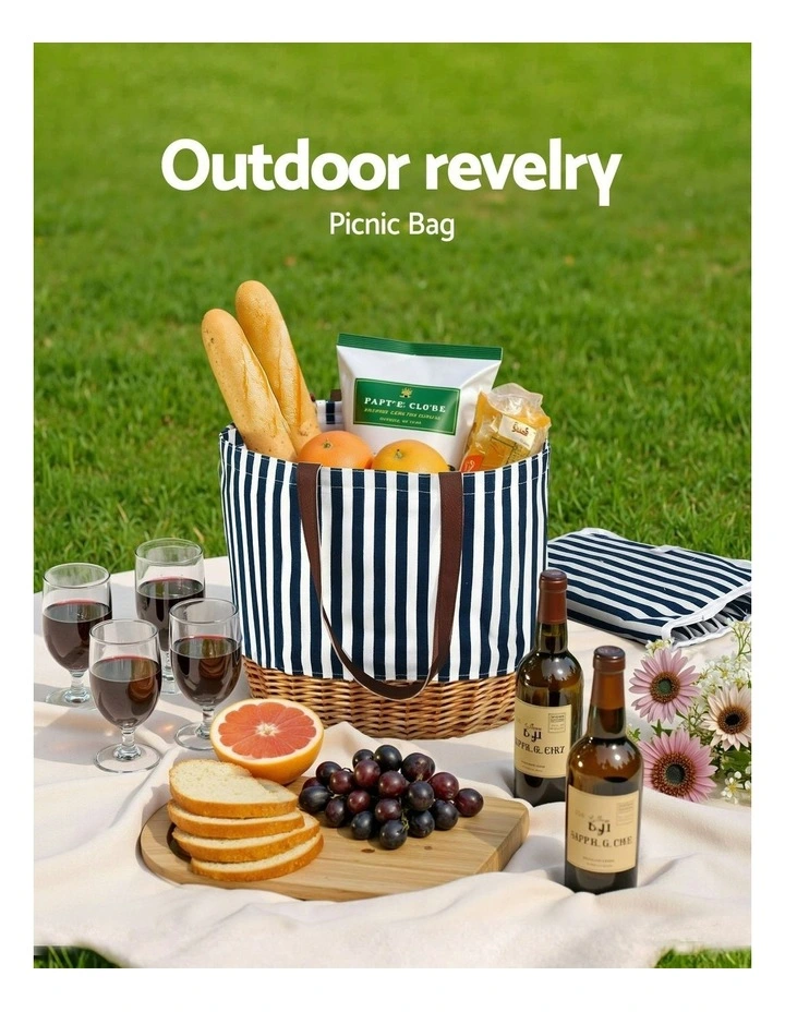 4 Person Picnic Basket Bag Set Wooden Blanket Cooler Outdoor Insulated image 5