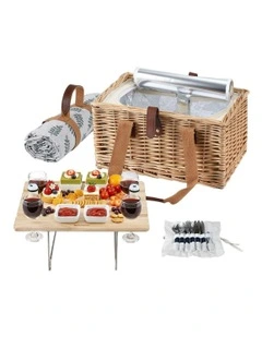 4 Person Picnic Basket Set with Table Blanket Cooler Wooden Insulated