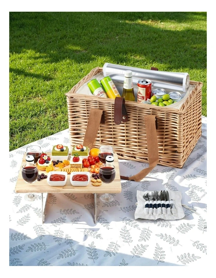 4 Person Picnic Basket Set with Table Blanket Cooler Wooden Insulated image 3