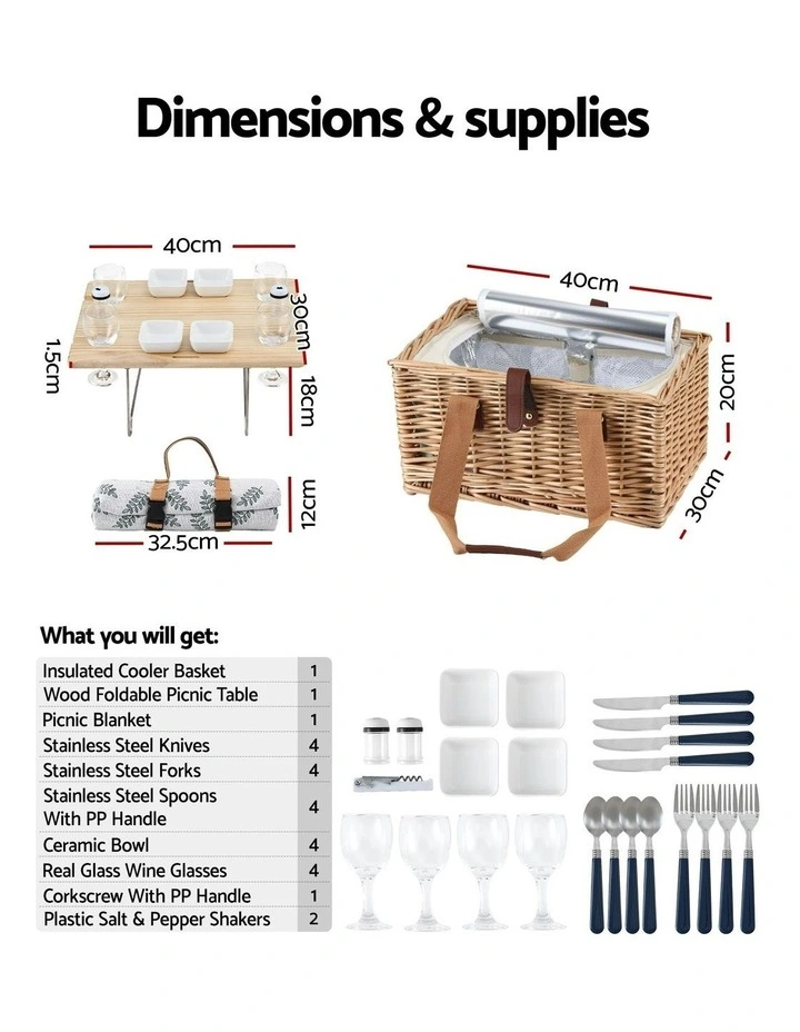 4 Person Picnic Basket Set with Table Blanket Cooler Wooden Insulated image 4
