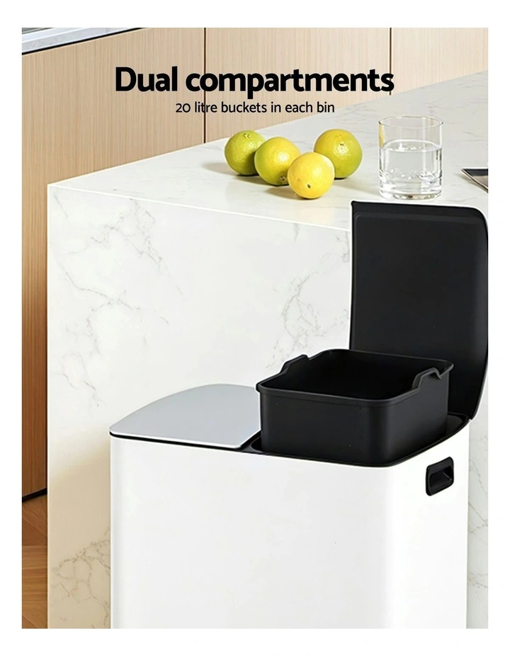 Rubbish Dual Compartment Waste Recycle Pedal Dustbins 40L in White image 5