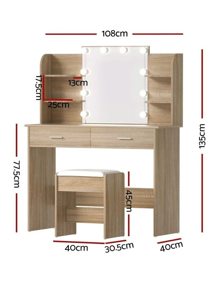 Stool 10 Led Bulbs Dressing Table Set in Wood image 3