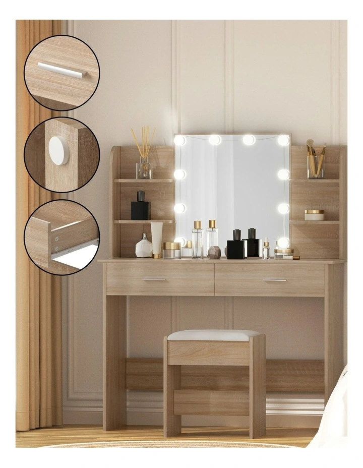 Stool 10 Led Bulbs Dressing Table Set in Wood image 4