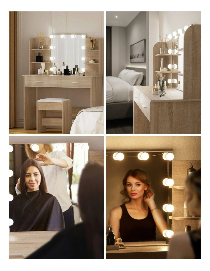 Stool 10 Led Bulbs Dressing Table Set in Wood image 5