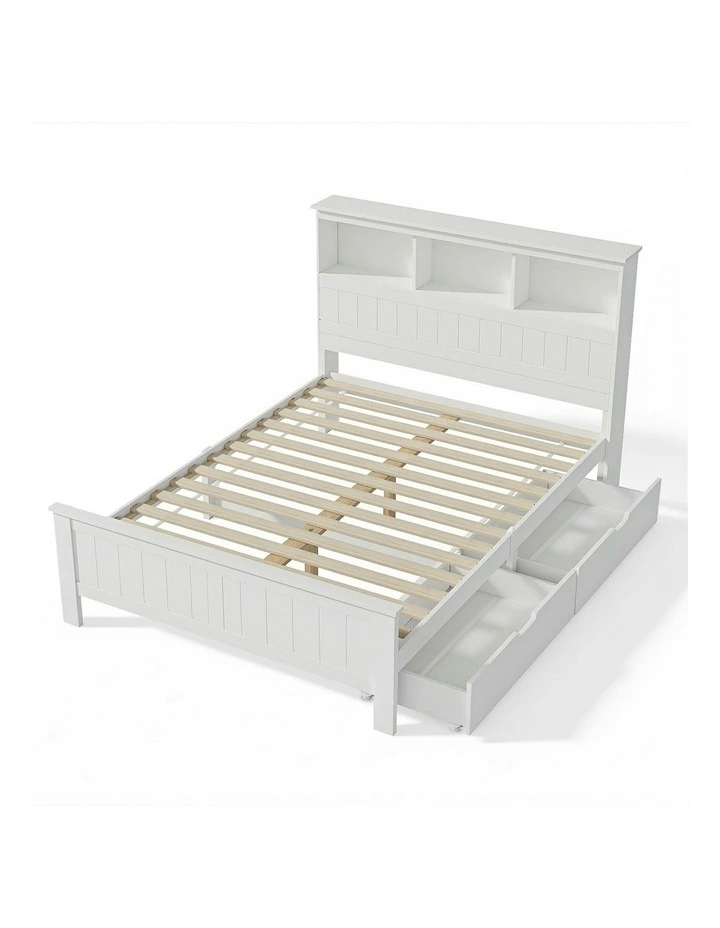 Double Size Wooden With 3 Shelves Bed Frame in White image 1