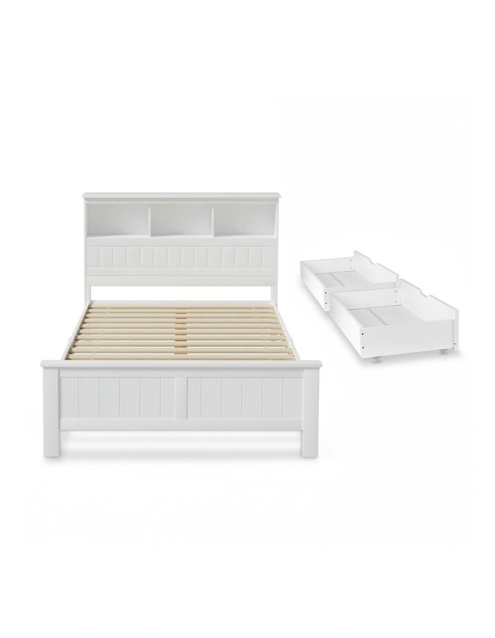 Double Size Wooden With 3 Shelves Bed Frame in White image 2