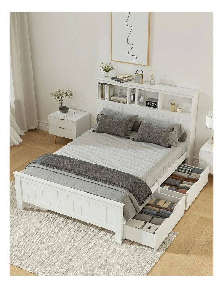 Double Size Wooden With 3 Shelves Bed Frame in White image 3
