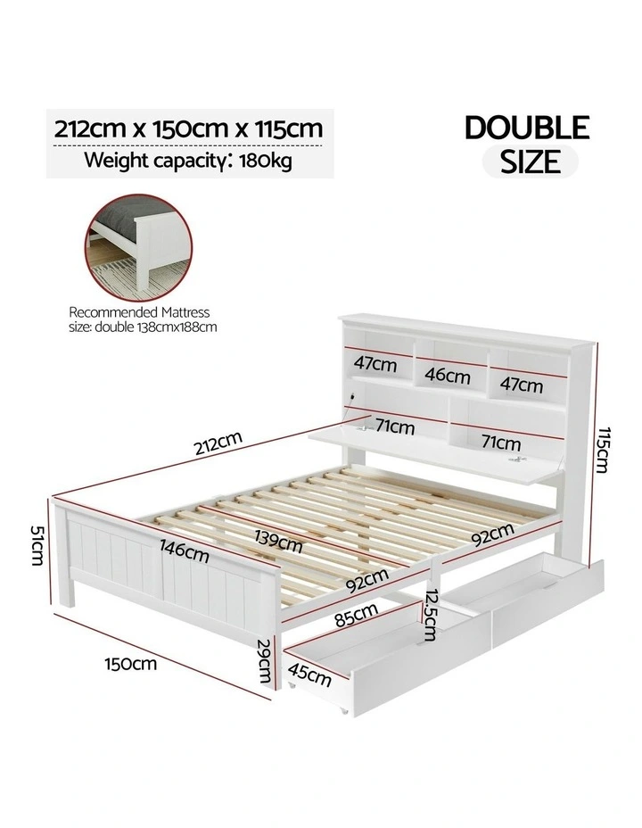 Double Size Wooden With 3 Shelves Bed Frame in White image 4