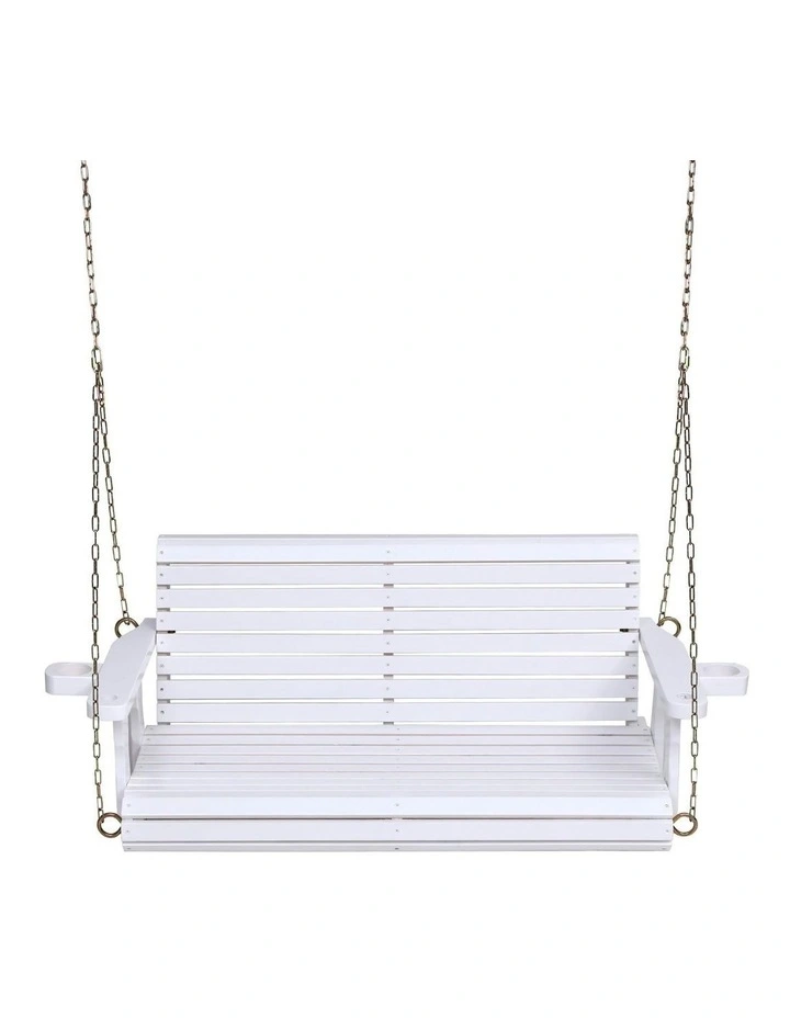 Porch Outdoor Swing Chair With Cup Holder Wooden Furniture 2 Seater in White image 2