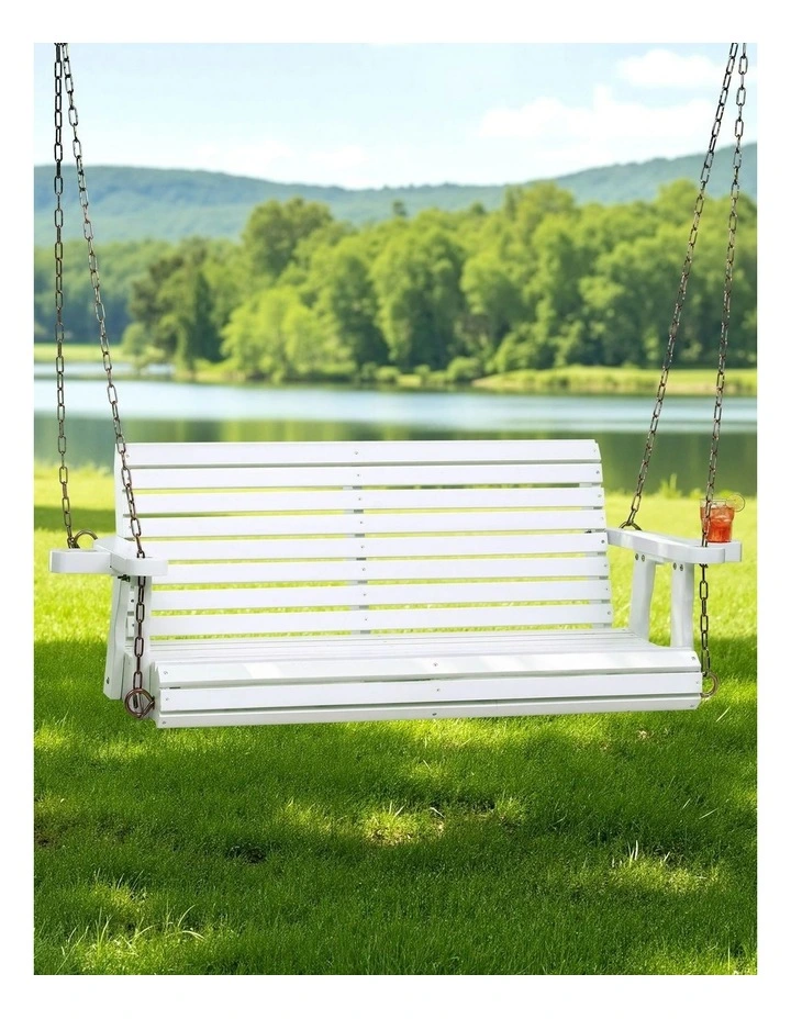 Porch Outdoor Swing Chair With Cup Holder Wooden Furniture 2 Seater in White image 3