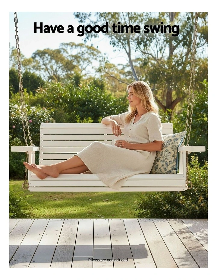 Porch Outdoor Swing Chair With Cup Holder Wooden Furniture 2 Seater in White image 5